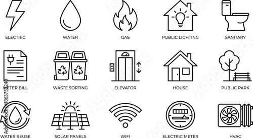 Utility services and smart city infrastructure line icons set showing electricity water gas recycling housing energy sustainability vector illustrationUtility services and smart city