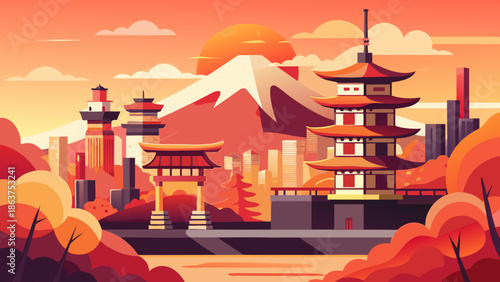 Vibrant Japanese cityscape with pagodas and mountain at sunset