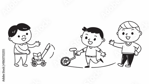 Happy children playing with toys and running outdoors together