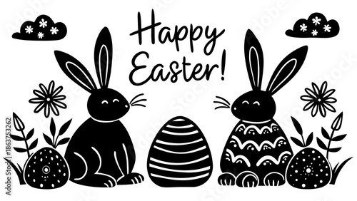 Happy Easter bunny illustration with eggs and flowers