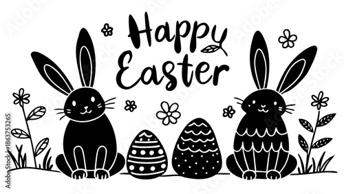 Happy Easter bunnies with decorated eggs and flowers