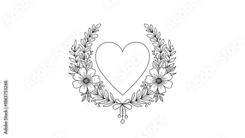 Line art illustration of a blank heart shape framed by a delicate floral and leaf wreath for wedding or greeting card designs.