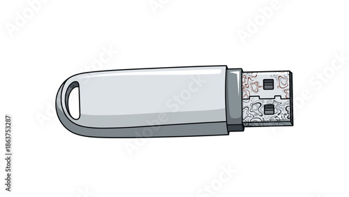 Silver and gray electronic USB flash drive for data storage and portable digital information transfers isolated on white.