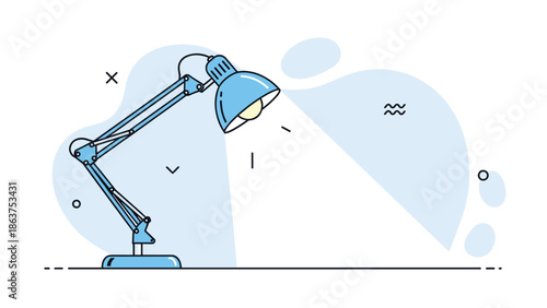 Blue adjustable desk lamp illustration with a beam of light over an abstract background for home office or study concepts.