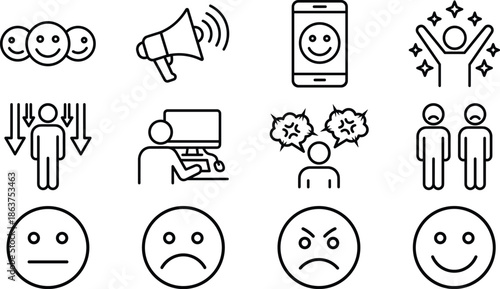 User, feedback, emotion, icons, set, communication, reaction, satisfaction, opinion, people, smiley, unhappy, stress, support, marketing, survey, outline, illustration, design, collection