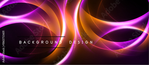 Abstract design features flowing curves, vibrant orange, purple hues. Dark background emphasizes luminous lines, creating dynamic visual effect.