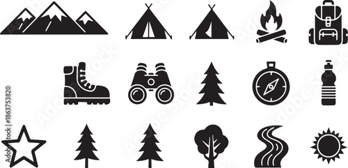 A collection of black camping and outdoor icons on a white background