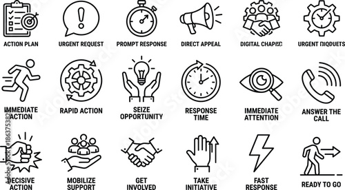 Urgent action and rapid response line icons set for business communication initiative decision making time management concept strategy productivity workflow