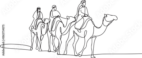 Arab men riding camels in desert.one line vector illustration with out background