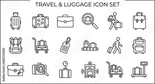 Travel luggage icon set, suitcase backpack airport symbols, linear outline vector illustration, tourism transport baggage collection, for web app design