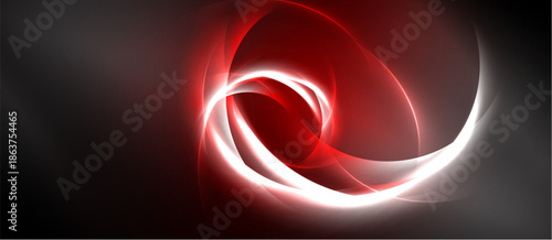 Abstract red, white swirls dominate dark background. Dynamic shapes suggest energy, movement, flowing lines create visual impact.