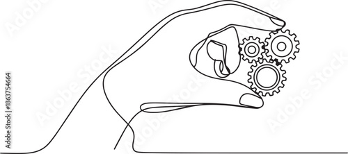 continuous one single line drawing of hand holding gears, tech development, engineering, technology.one line vector illustration with out background