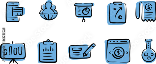 Collection of blue business icons on transparent background, including finance, office, and technology symbols with design and graphics and digital