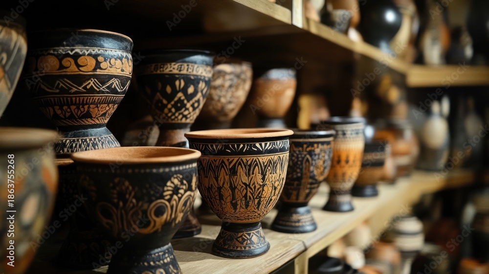Fototapeta premium Hand-painted terracotta pottery display on wooden shelves