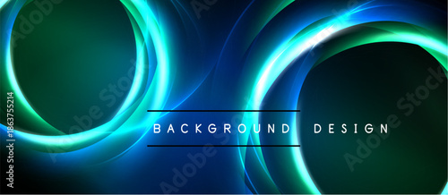 Abstract neon lines create dynamic circular shapes. Dark background emphasizes bright turquoise, green hues. Modern design element.