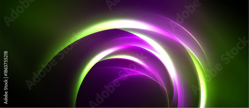 Abstract design features glowing arcs, vibrant purple, green hues. Smooth gradients create dynamic visual impact. Minimalist composition.
