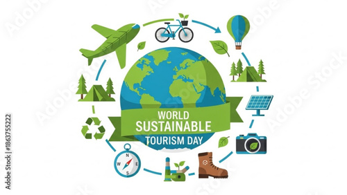 World sustainable tourism day eco friendly travel concept with globe surrounded by green transportation and eco friendly symbols with ecological conservation