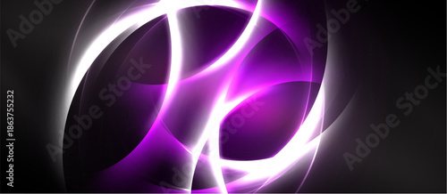Abstract swirls, vibrant purple hues, bright white lines. Dynamic composition creates energetic visual impact. Dark background emphasizes luminosity.