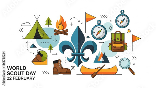 Scouting adventure travel concept with camping gear compass and fleur de lis on world scout day february 22nd with outdoor and exploration and tourism
