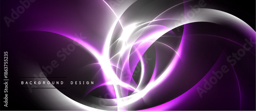 Abstract purple, white lines create dynamic flow. Modern design evokes energy, movement, futuristic feel. Dark background enhances luminosity.