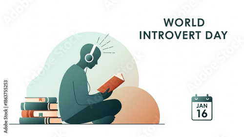 World introvert day, january 16, a person wearing headphones sitting alone reading a book next to a stack of books, symbolizing quiet contemplation and love for reading