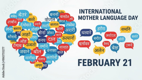 International mother language day february 21 colorful speech bubbles in heart shape on white background with culture and diversity and communication