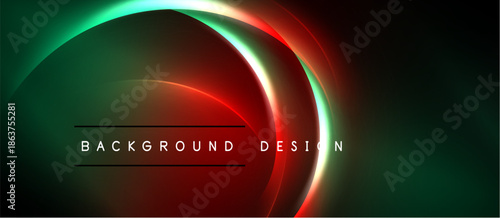 Abstract neon lines create dynamic curves. Dark background emphasizes vibrant red, green hues. Modern design element.