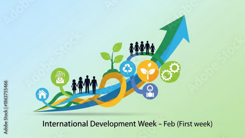 International development week concept with people icons, eco symbols and growth arrow on green gradient background, representing global progress and sustainability