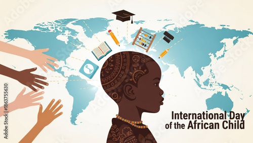 International day of the african child illustration with diverse hands reaching out, world map, education icons and a child's silhouette, symbolizing global support