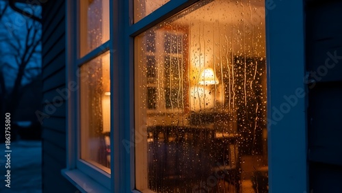Cozy home interior with warm lighting on a rainy evening outside