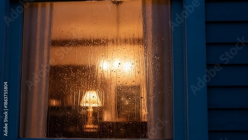 Cozy indoor scene on a rainy night with warm lamp light