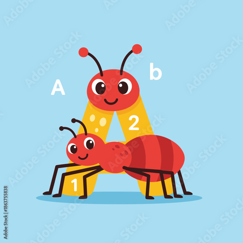 Cute cartoon ant character with numbered segments and antennae on a light blue background