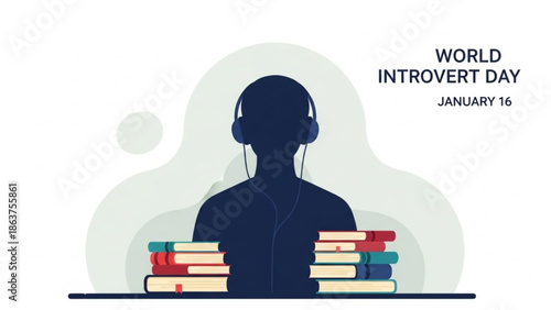 World introvert day illustration with silhouette of person wearing headphones sitting at desk with stack of books, celebrating quiet and introversion on january 16