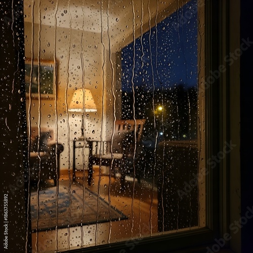 Cozy indoor scene on a rainy night with warm lighting