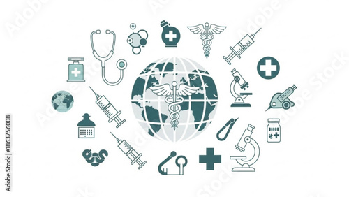 Medical symbols and icons surround the globe representing healthcare and medicine worldwide with stethoscope syringe microscope with medical icons