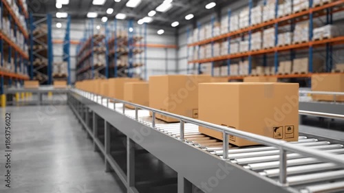 Wallpaper Mural Packages moving on a conveyor belt in a large warehouse with storage shelves Torontodigital.ca
