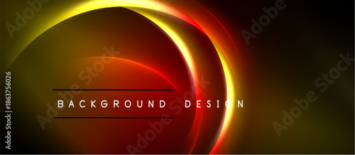 Abstract neon light curves, vibrant orange, yellow hues. Dark background creates dramatic visual effect. Modern design element.
