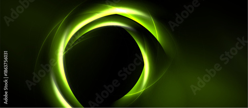 Bright green energy swirls form circular shape against dark background. Minimalist design evokes motion, depth. Modern aesthetic.