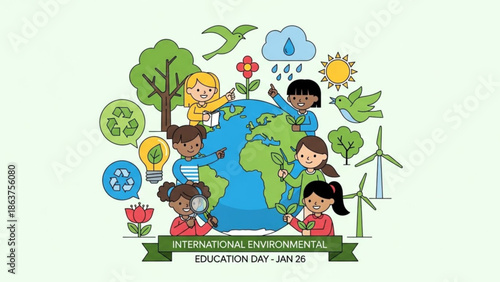 International environmental education day, kids around the globe with eco friendly symbols, trees, flowers, wind turbines, recycling, earth with ecology