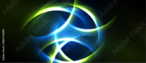 Abstract glowing shapes overlap, creating dynamic light effects. Dark background emphasizes bright curves, lines, energy.