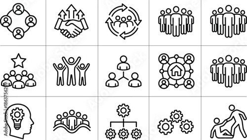 Teamwork and collaboration line icons set showing leadership networking cooperation community support success management growth strategy business concept
