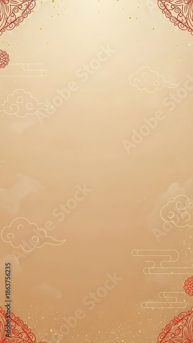 Elegant beige background with red decorative ornaments and copy space