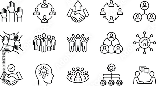 Teamwork and collaboration line icon set showing partnership leadership communication networking community cooperation and business people relationships concepts