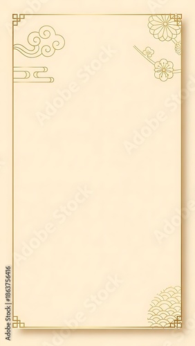 Elegant beige frame with gold oriental motifs for graphic design