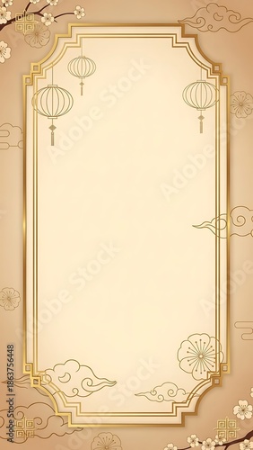Elegant beige frame with lanterns and cloud motifs for design background