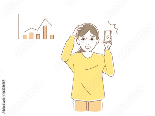 資産運用の下落グラフを見て慌てる女性とスマホ