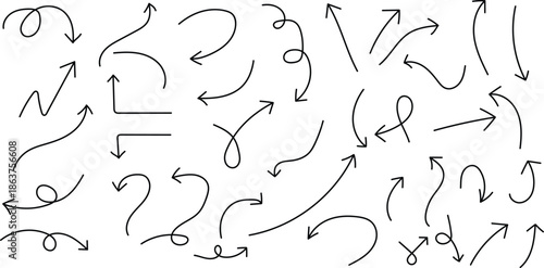 Diverse collection of hand-drawn doodle arrows pointing in various directions for design Vector