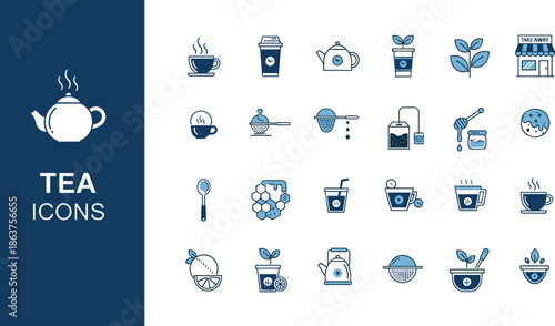 Tea icons collection featuring teapot, herbal drink symbols, brewing elements, tea leaves, honey, cups, infusers, and takeaway beverage illustrations