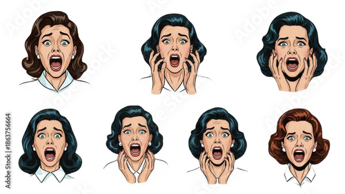 Illustration of a woman expressing shock or surprise from different viewpoints
