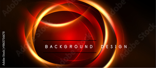 Abstract red design features glowing circular lines. Dark background emphasizes bright, dynamic energy. Modern aesthetic.